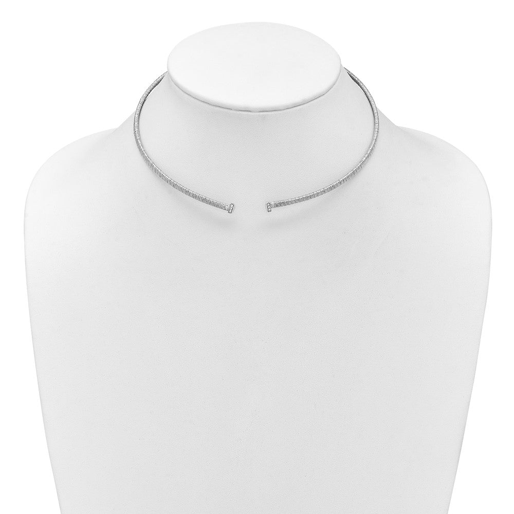 Sterling Silver Ss Rh Plt Polish /Textured Wire Wrapped Cz Collar Necklace