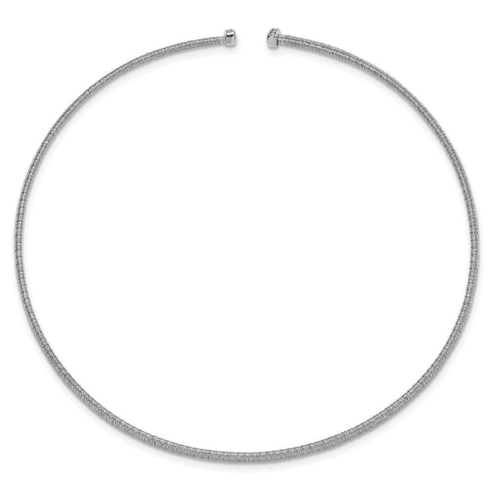 Sterling Silver Ss Rh Plt Polish /Textured Wire Wrapped Cz Collar Necklace