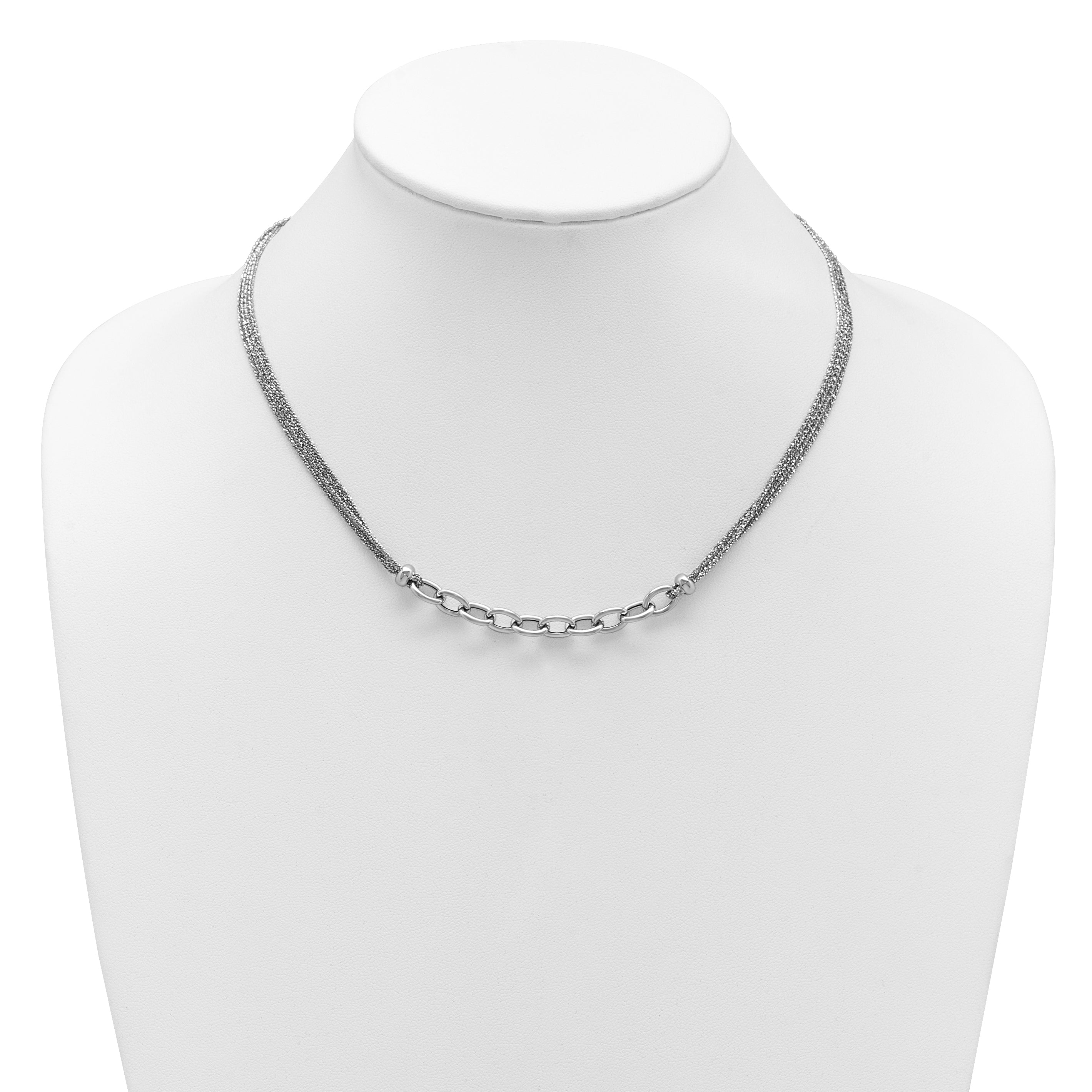 Sterling Silver Ss Rh Plated Polished Multi Strand Link 2In Ext. Necklace