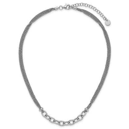Sterling Silver Ss Rh Plated Polished Multi Strand Link 2In Ext. Necklace