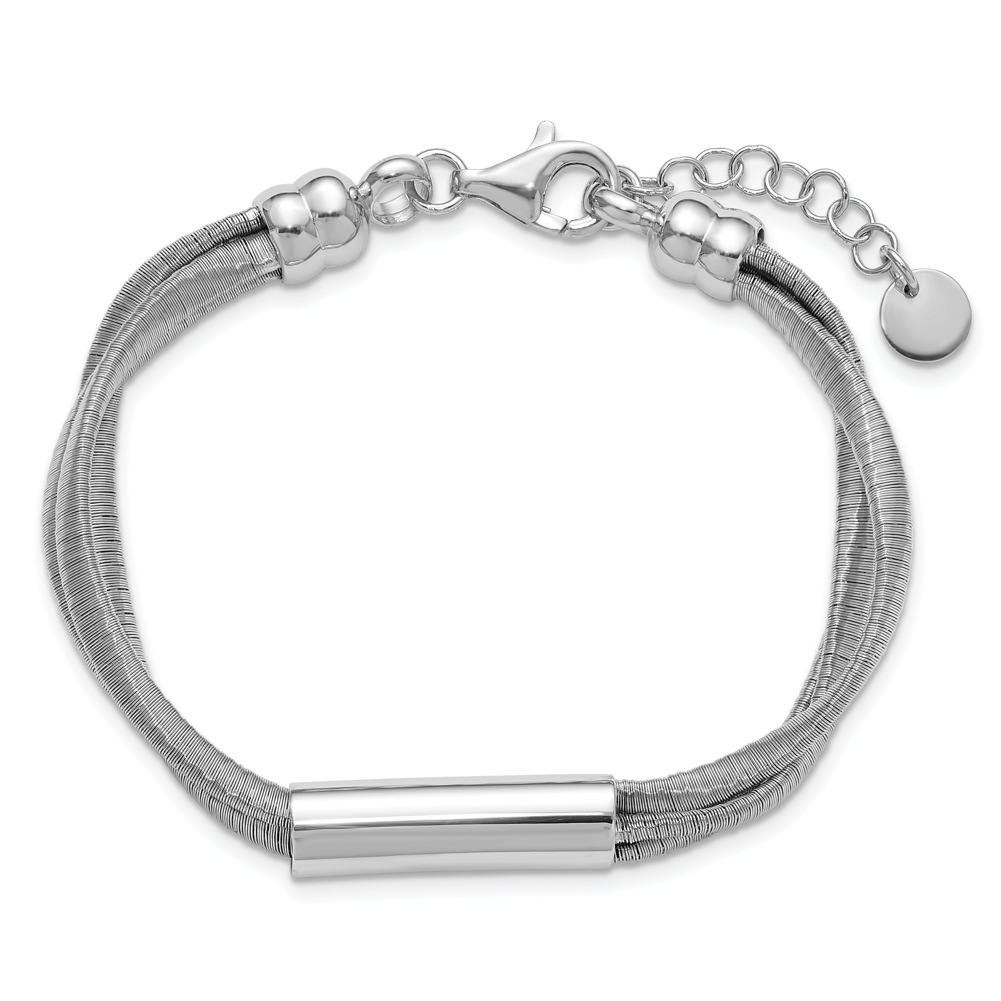 Sterling Silver Ss Rh Pltd Wire Wrapped 3 Strand Bar W/ 1In Ext. Bracelet