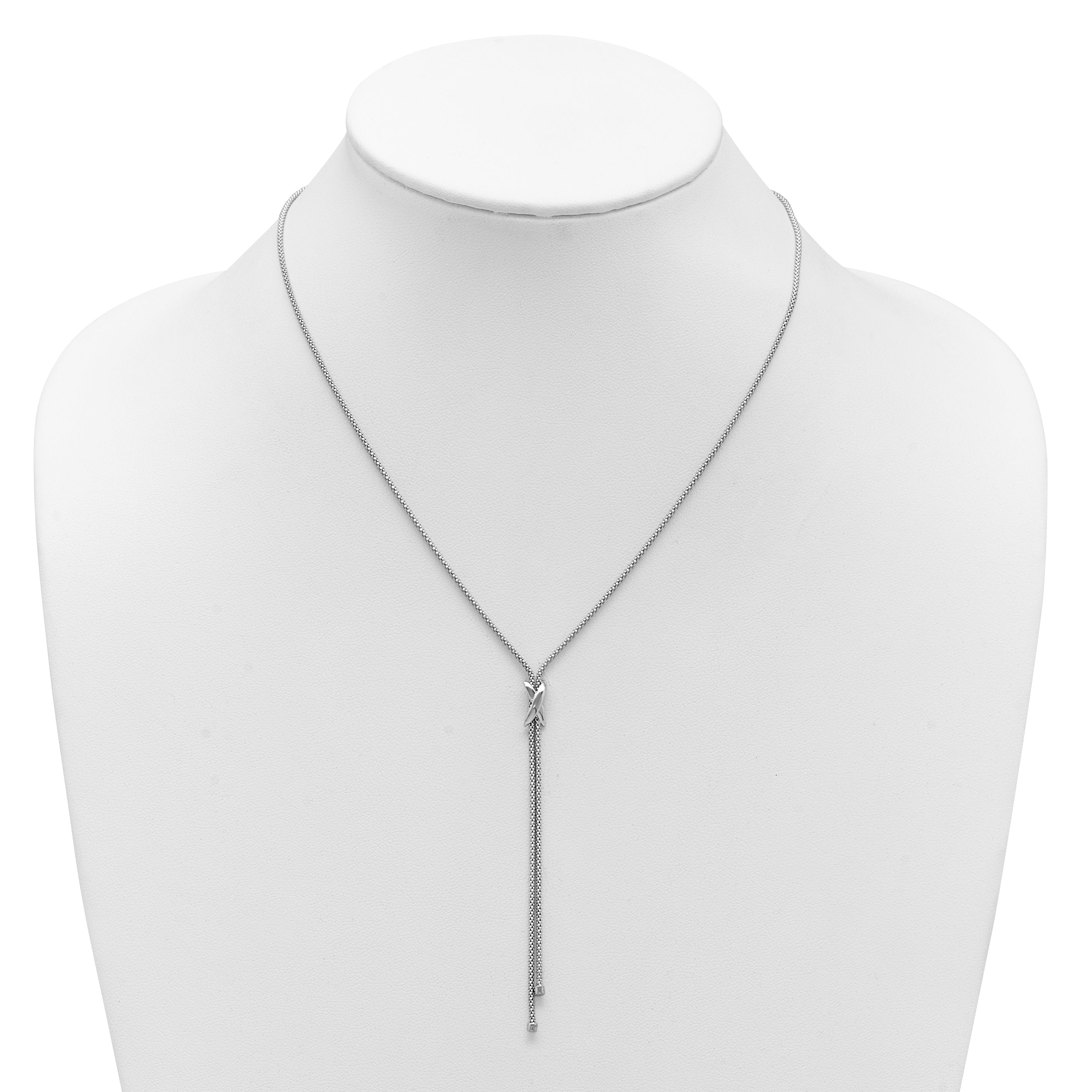 Sterling Silver Ss Rhodium Plated Polished X Lariat W/ 2In Ext. Necklace