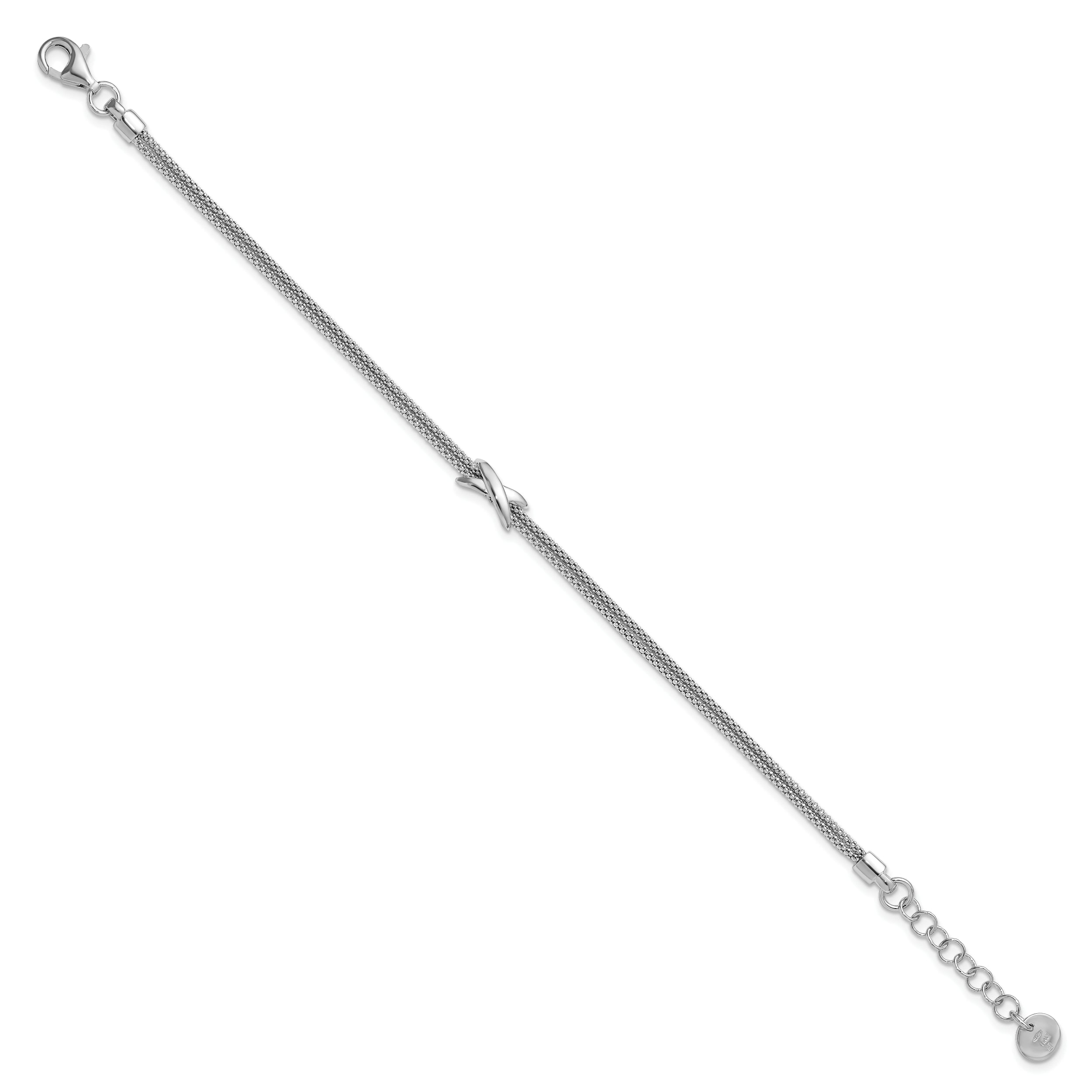 Sterling Silver Ss Rhodium Plated Polished 2 Strand X W/ 1In Ext. Bracelet