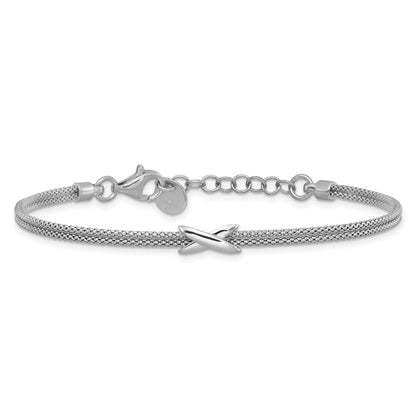 Sterling Silver Ss Rhodium Plated Polished 2 Strand X W/ 1In Ext. Bracelet