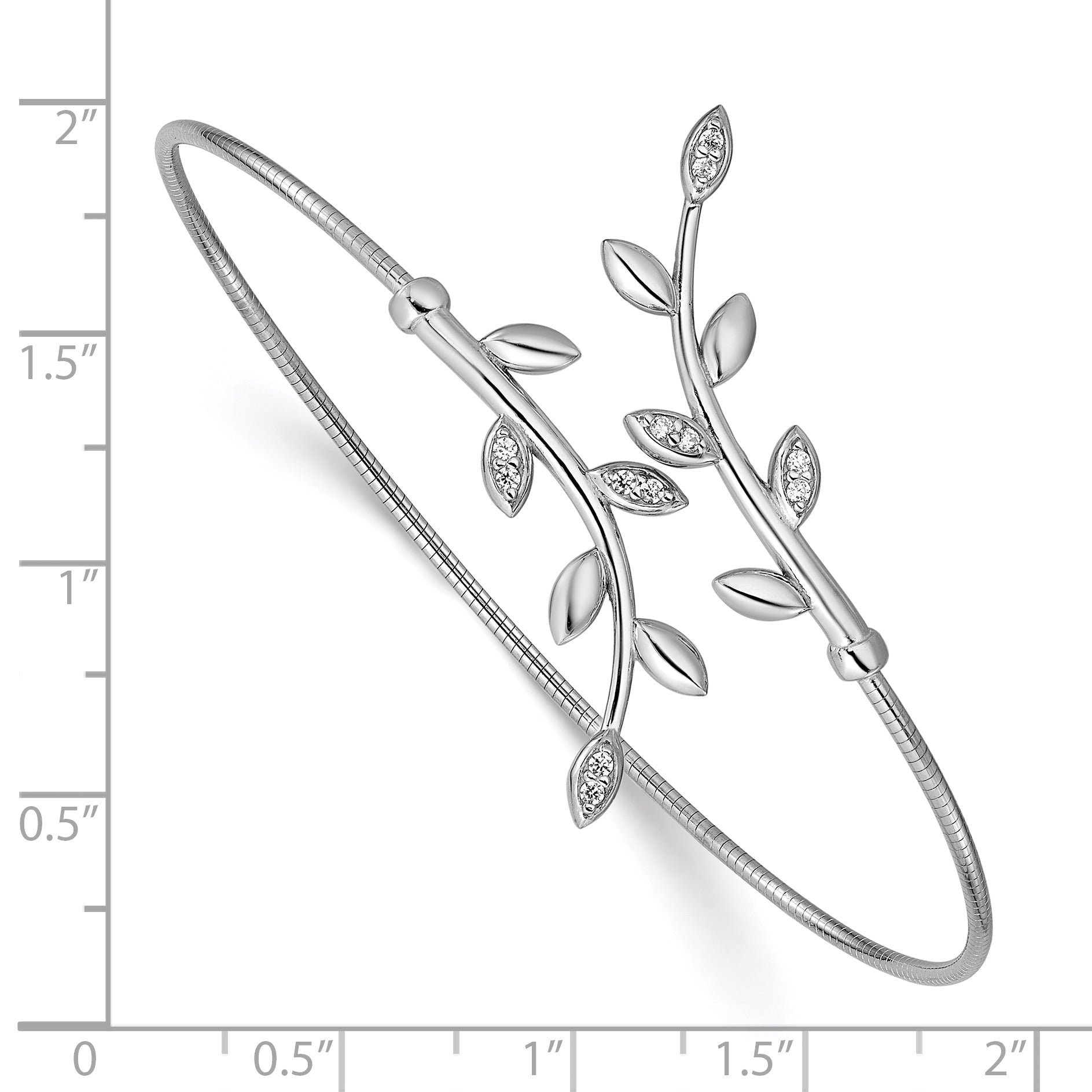 Sterling Silver Ss Rhodium Plated Polished Cz Leaf Bypass Flexible Cuff Bangle