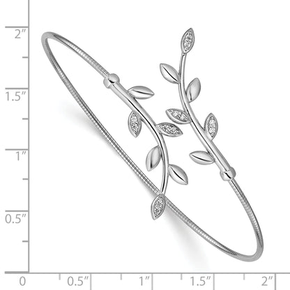 Sterling Silver Ss Rhodium Plated Polished Cz Leaf Bypass Flexible Cuff Bangle