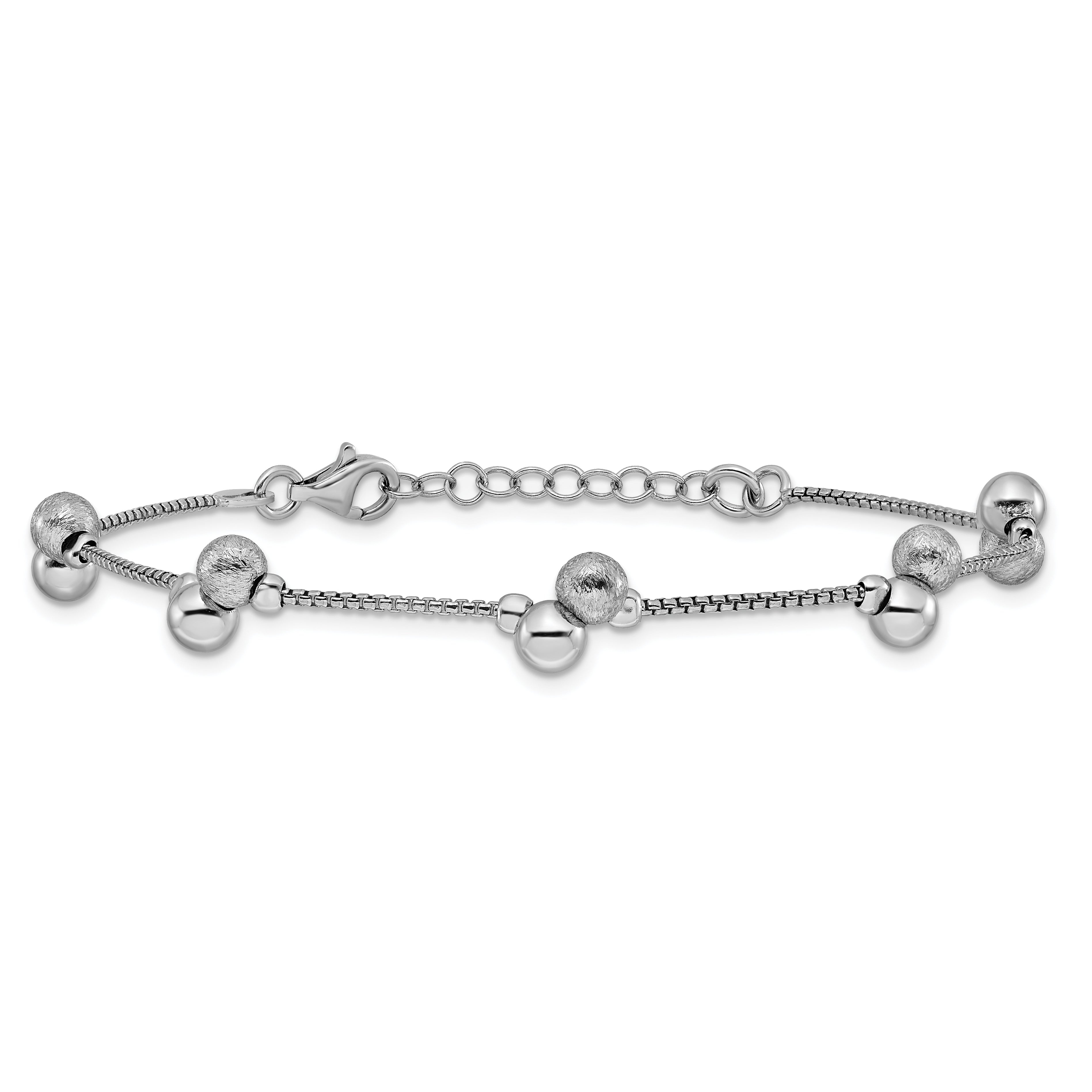 Sterling Silver Ss Rh Plated Brushed And Beaded 1In Ext Bracelet