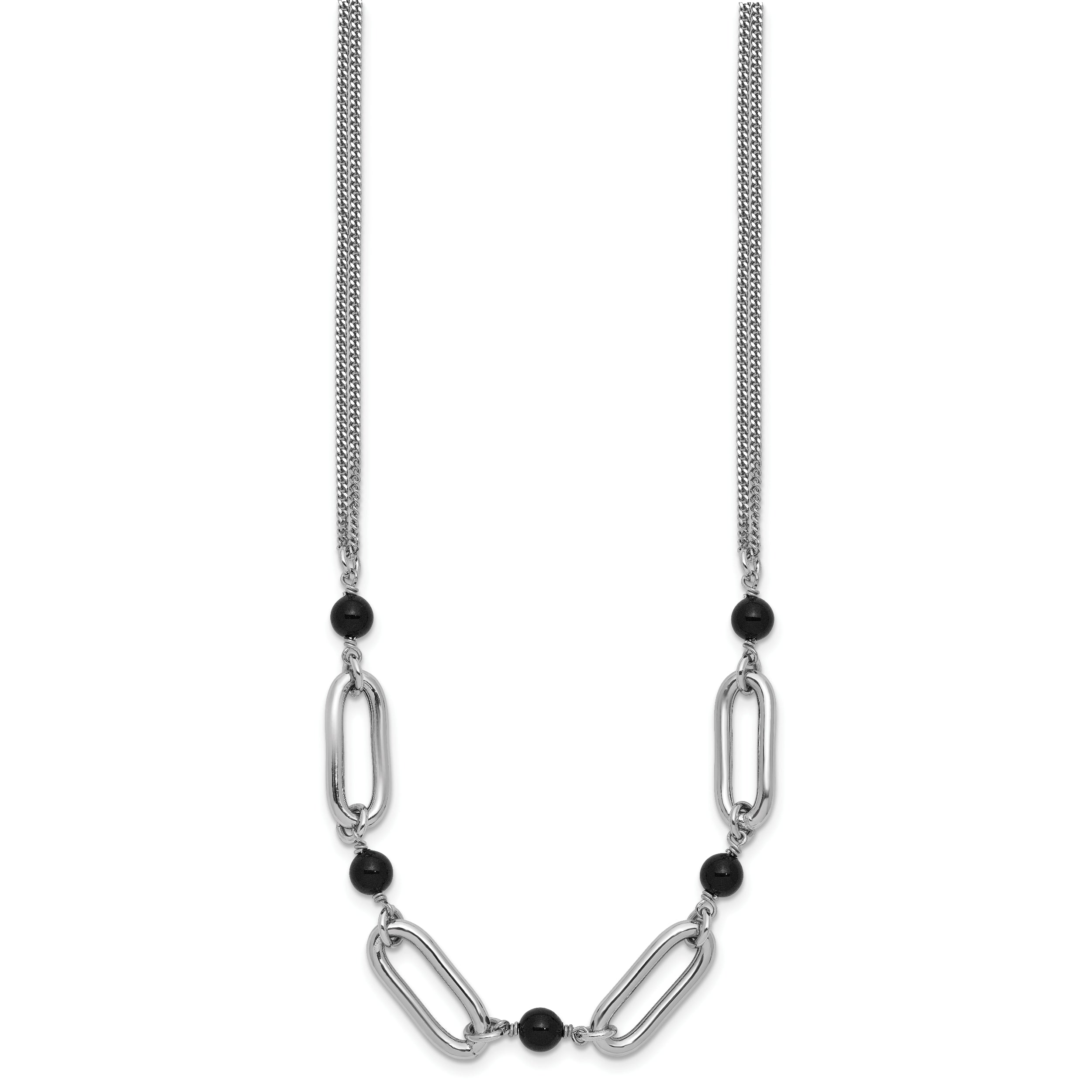 Sterling Silver Ss Rh Pltd Black Glass Pearl 2 Strand Link 2In Ext Necklace