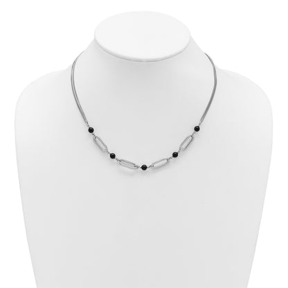 Sterling Silver Ss Rh Pltd Black Glass Pearl 2 Strand Link 2In Ext Necklace