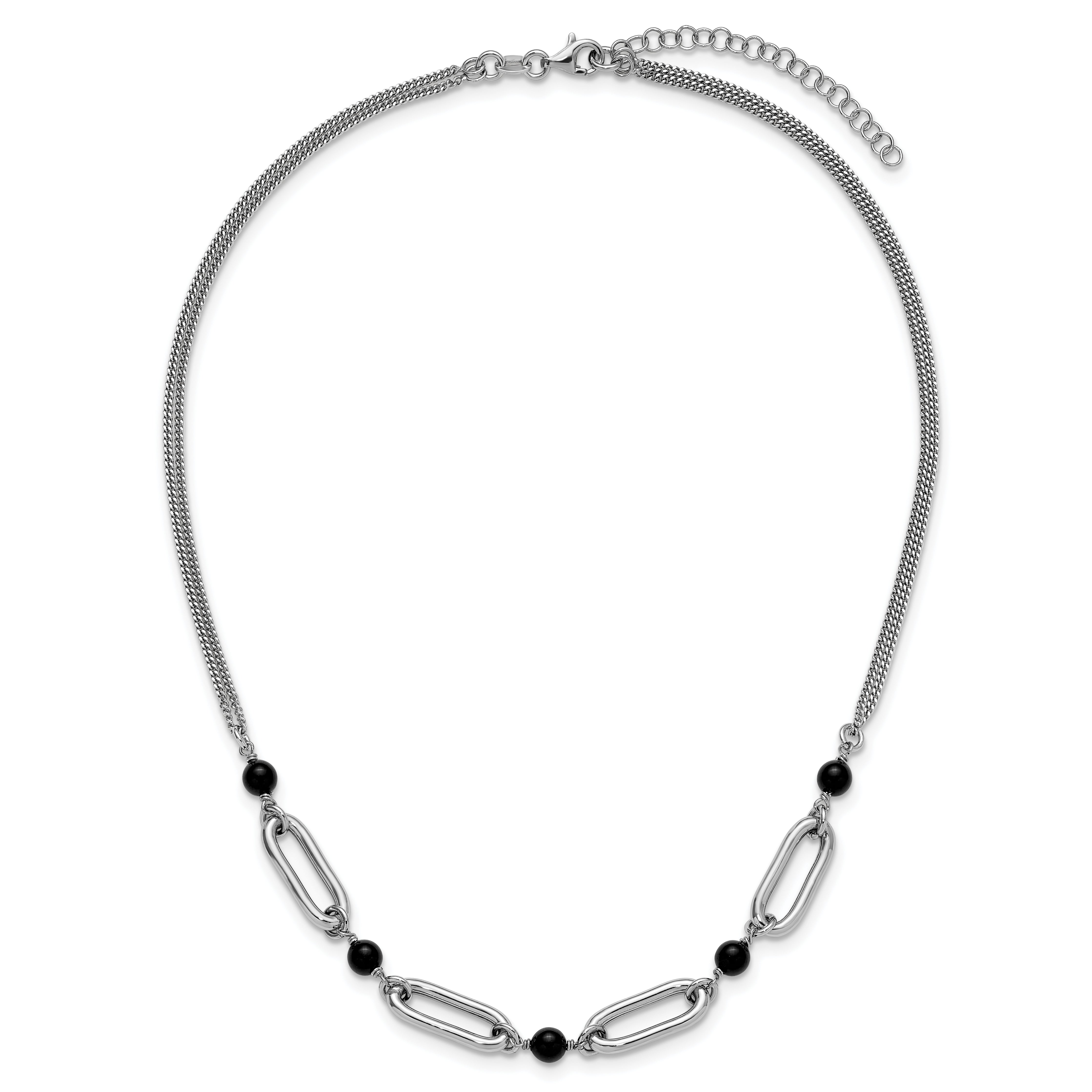 Sterling Silver Ss Rh Pltd Black Glass Pearl 2 Strand Link 2In Ext Necklace