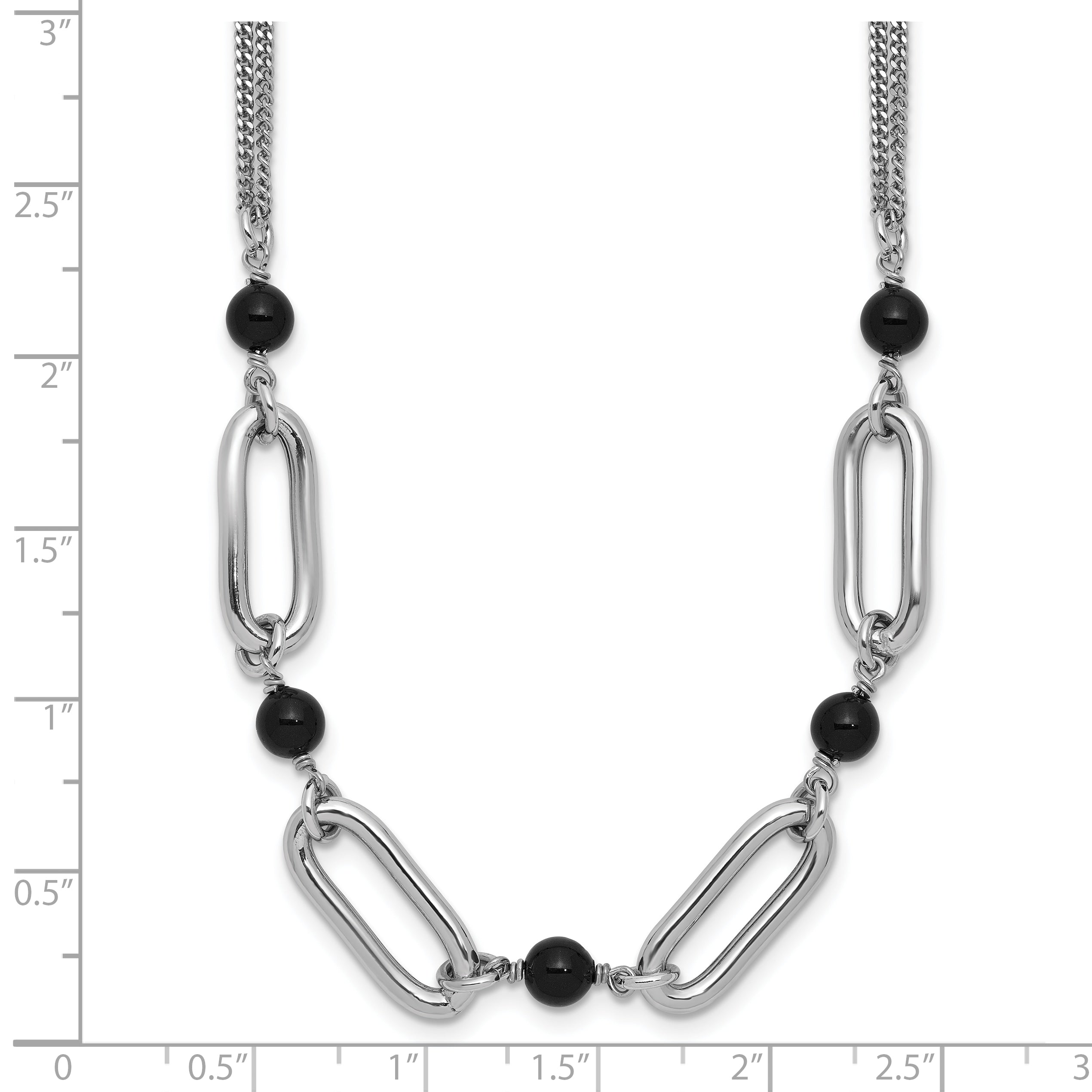 Sterling Silver Ss Rh Pltd Black Glass Pearl 2 Strand Link 2In Ext Necklace