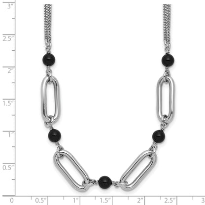 Sterling Silver Ss Rh Pltd Black Glass Pearl 2 Strand Link 2In Ext Necklace
