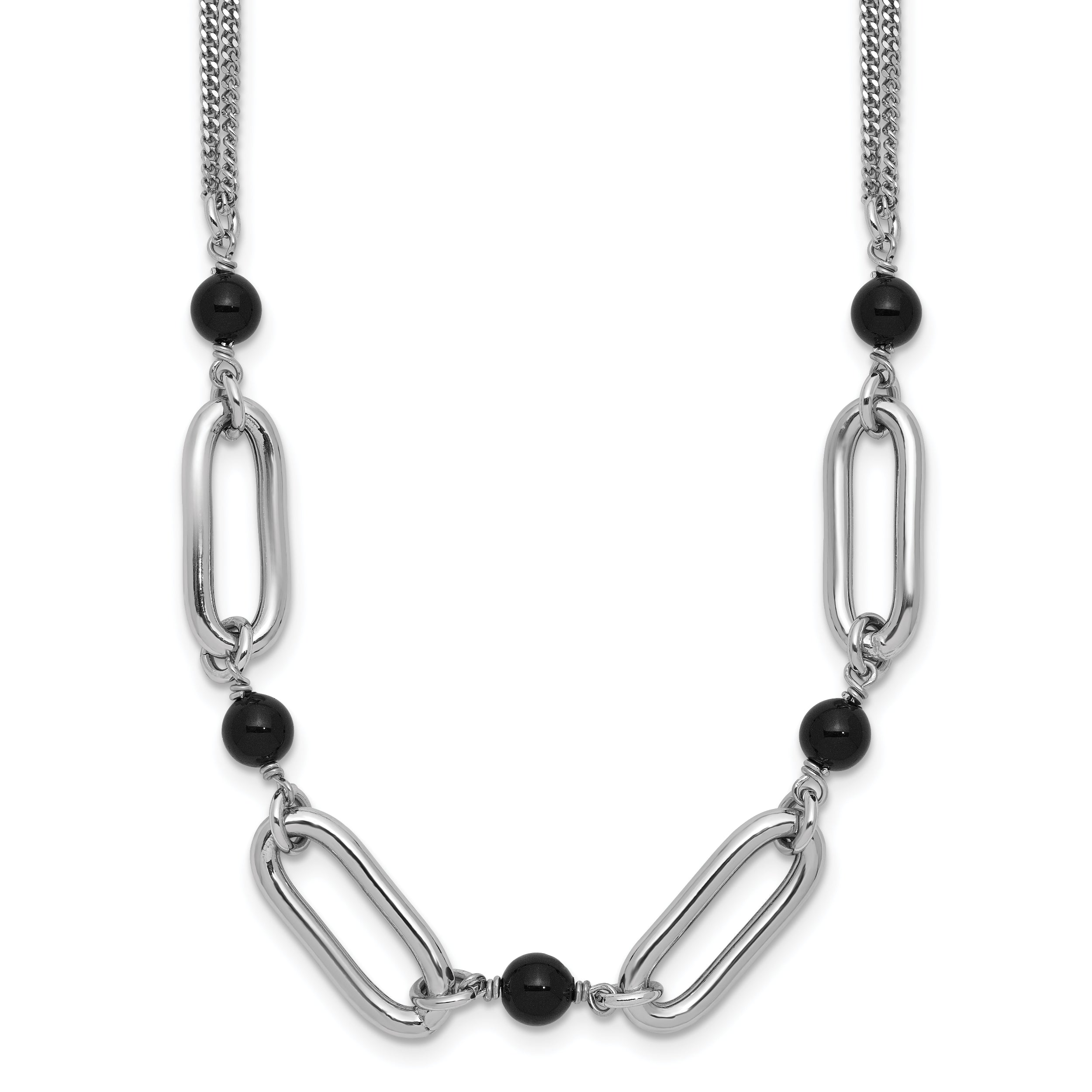 Sterling Silver Ss Rh Pltd Black Glass Pearl 2 Strand Link 2In Ext Necklace