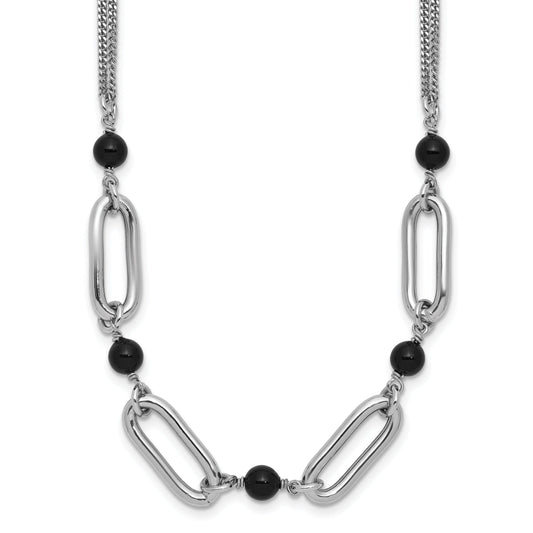 Sterling Silver Ss Rh Pltd Black Glass Pearl 2 Strand Link 2In Ext Necklace