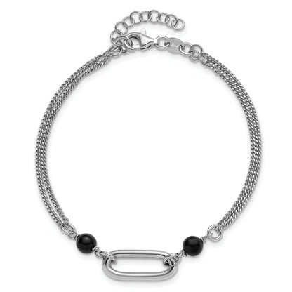 Sterling Silver Ss Rh Pltd Black Glass Pearl 2 Strand Link 1In Ext Bracelet