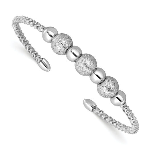 Sterling Silver Ss Radiant Essence Rh Pltd Twisted And Beaded Cuff Bangle