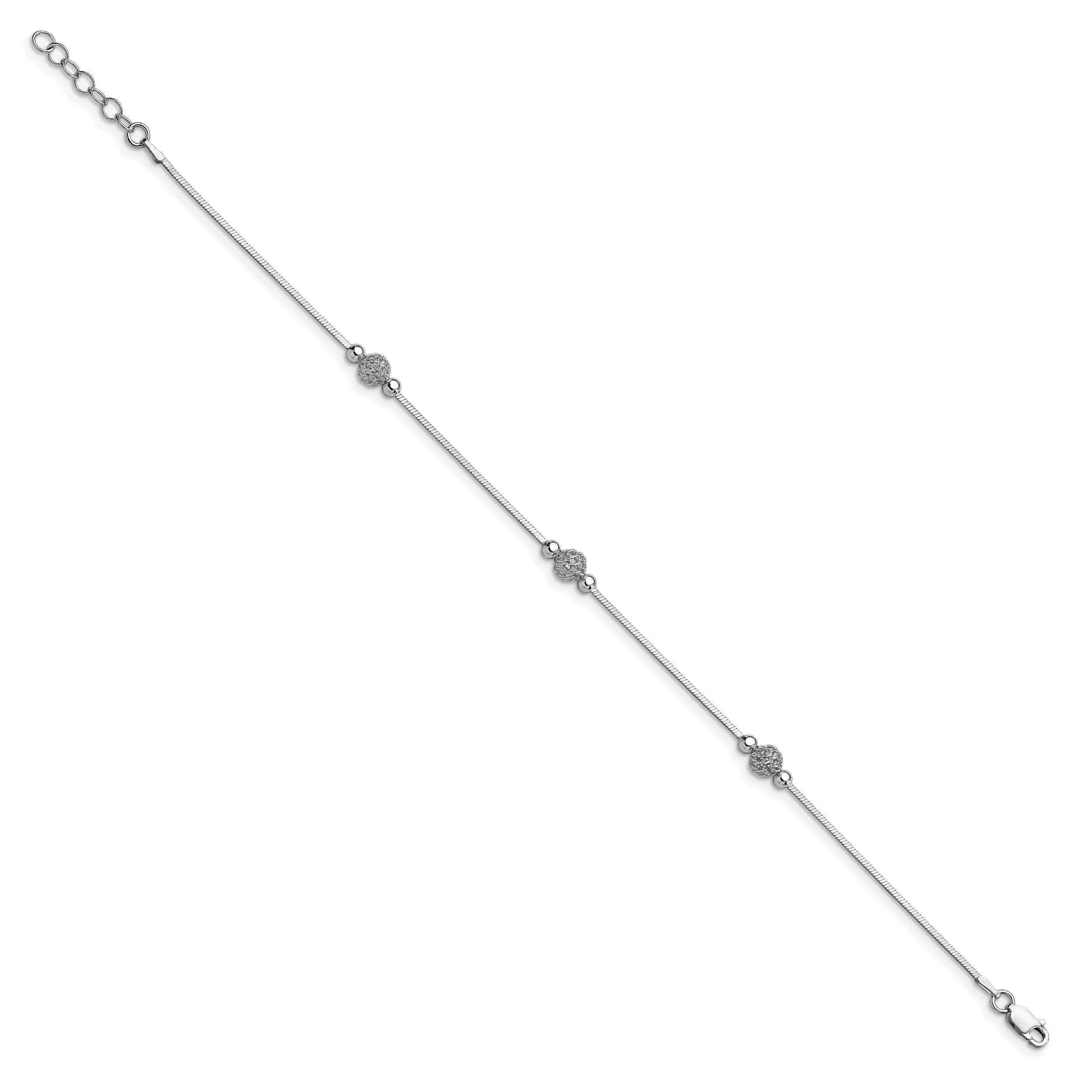 Sterling Silver Polished & Textured Beaded W/1In Ext. Anklet