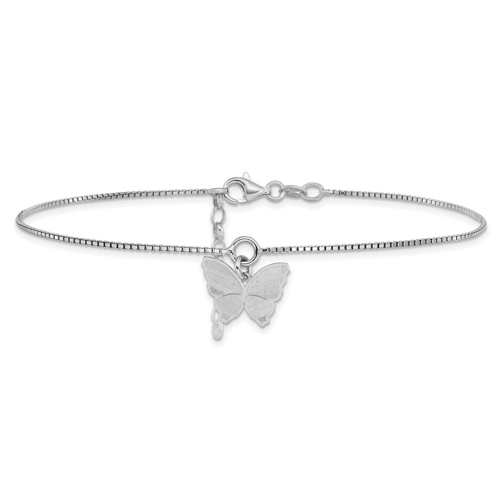 Sterling Silver Ss Polished & Textured Butterfly W/1In Ext. Anklet