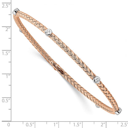 Ss/Gold Plated Sterling Silver Rose Gold-Plated Cz Polished Textured Bangle