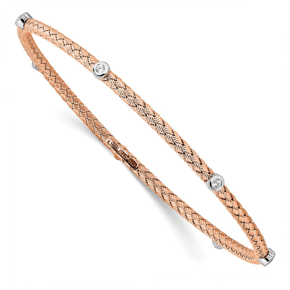 Ss/Gold Plated Sterling Silver Rose Gold-Plated Cz Polished Textured Bangle