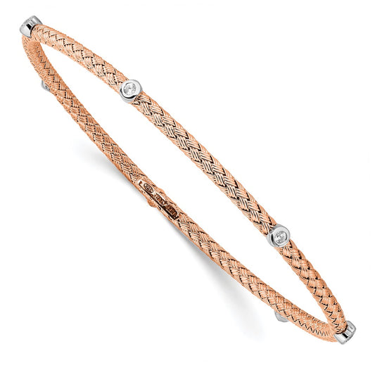 Ss/Gold Plated Sterling Silver Rose Gold-Plated Cz Polished Textured Bangle