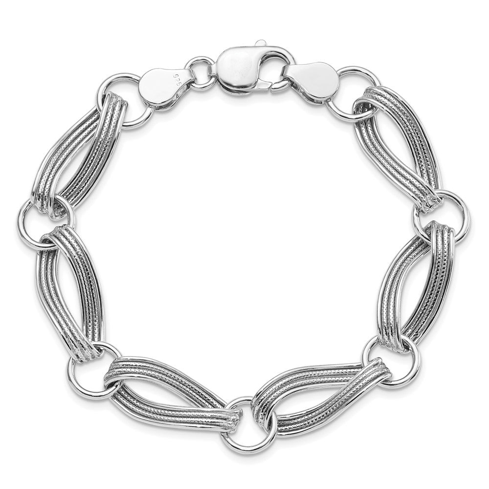 8.5 Inch Sterling Silver Rhodium-Plated Polished And Textured Link Bracelet