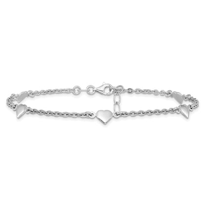 Sterling Silver Rh-Plated Polished Heart 9In With 1In Ext. Anklet