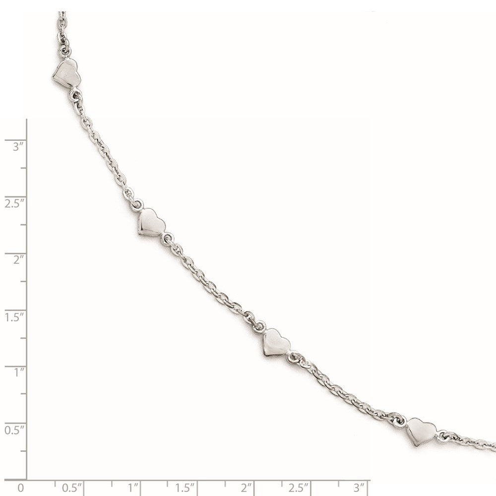 Sterling Silver Rh-Plated Polished Heart 9In With 1In Ext. Anklet