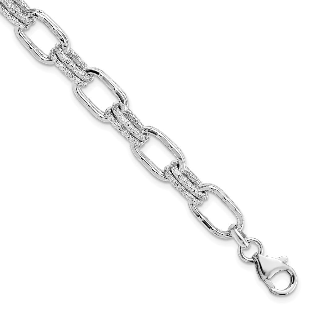 7.5 Inch Sterling Silver Rhodium-Plated Polished And Textured Link Bracelet