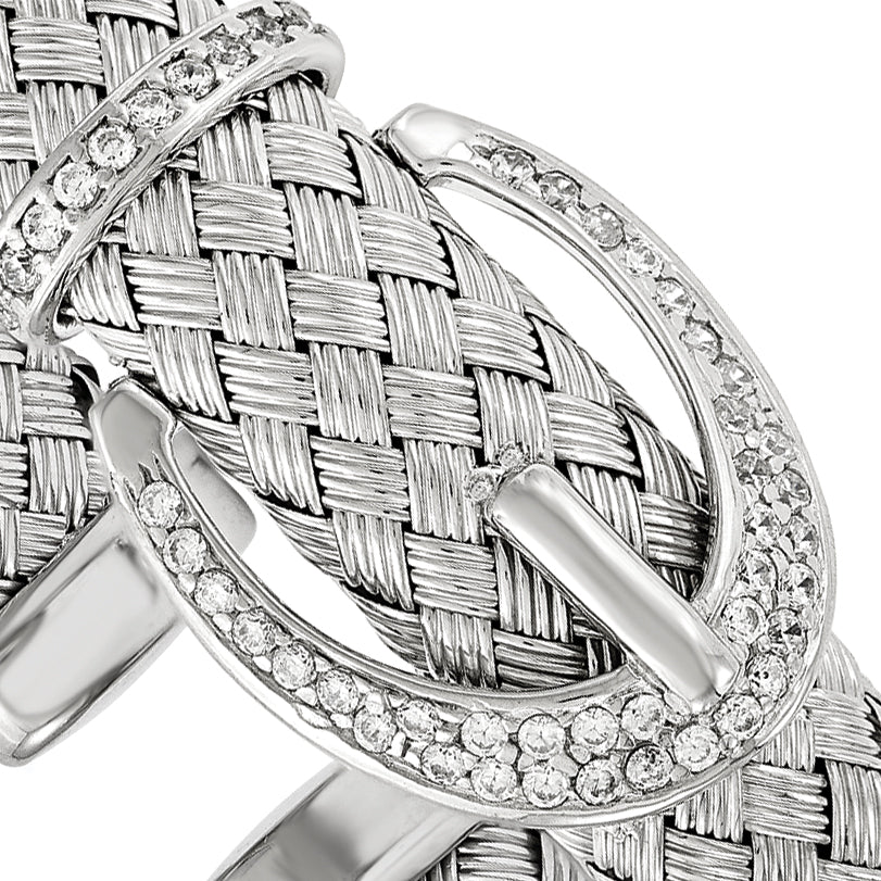 Sterling Silver Cz Woven Flexible Cuff Bangle