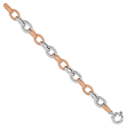 7.5 Inch Sterling Silver Rose-Tone Polished & Woven Link Bracelet