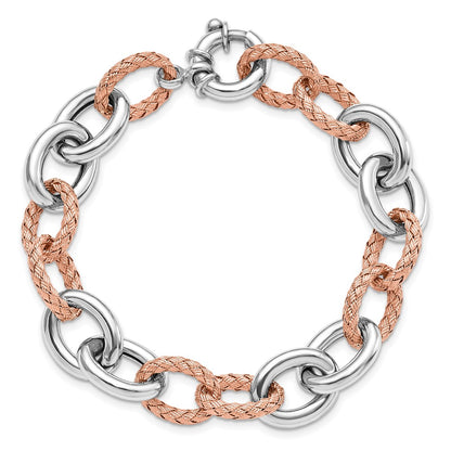 7.5 Inch Sterling Silver Rose-Tone Polished & Woven Link Bracelet