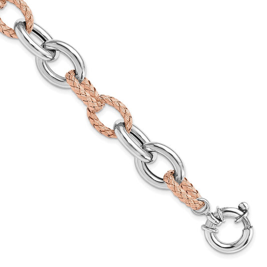 7.5 Inch Sterling Silver Rose-Tone Polished & Woven Link Bracelet