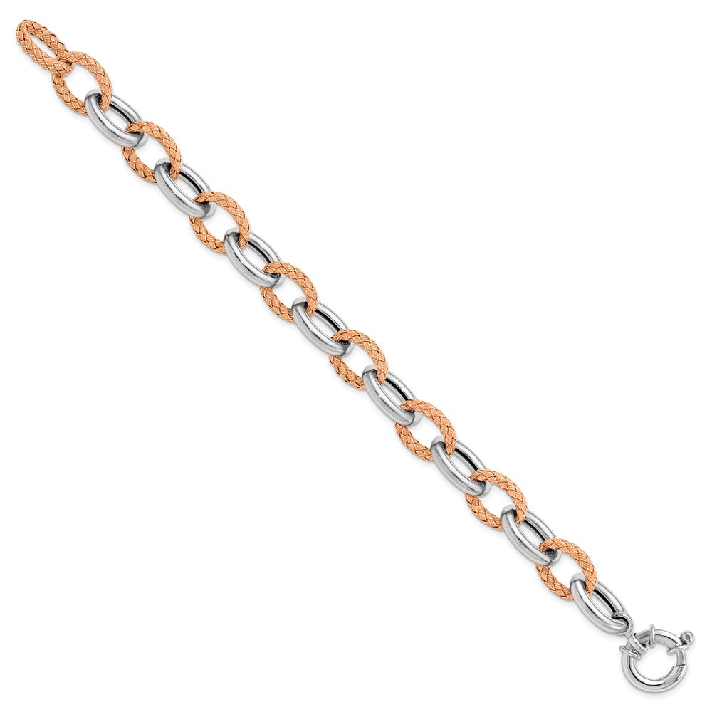 7.5 Inch Sterling Silver Rose-Tone Polished & Woven Link Bracelet