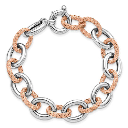 7.5 Inch Sterling Silver Rose-Tone Polished & Woven Link Bracelet