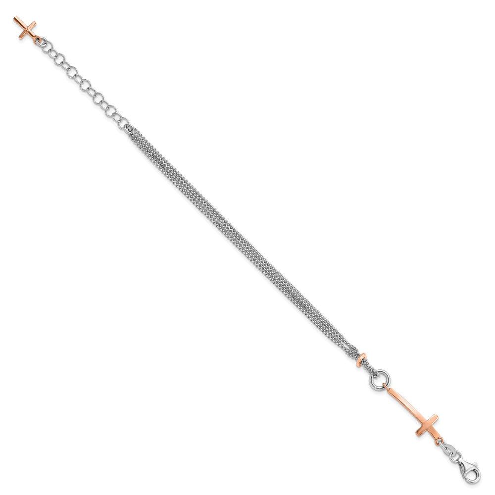 7 Inch Sterling Silver W/Rose-Tone Cross W/1.5In Ext. W/Cross Bracelet