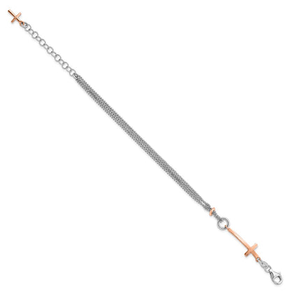 7 Inch Sterling Silver W/Rose-Tone Cross W/1.5In Ext. W/Cross Bracelet