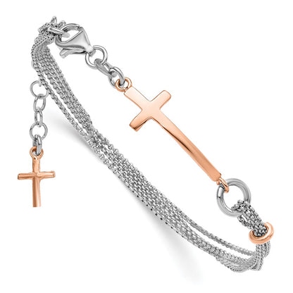 7 Inch Sterling Silver W/Rose-Tone Cross W/1.5In Ext. W/Cross Bracelet