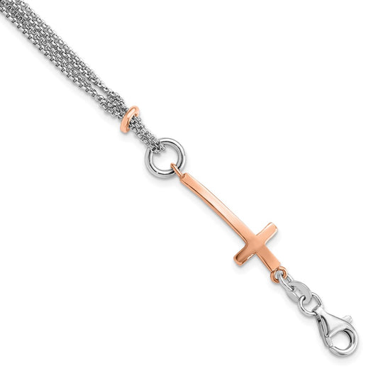 7 Inch Sterling Silver W/Rose-Tone Cross W/1.5In Ext. W/Cross Bracelet