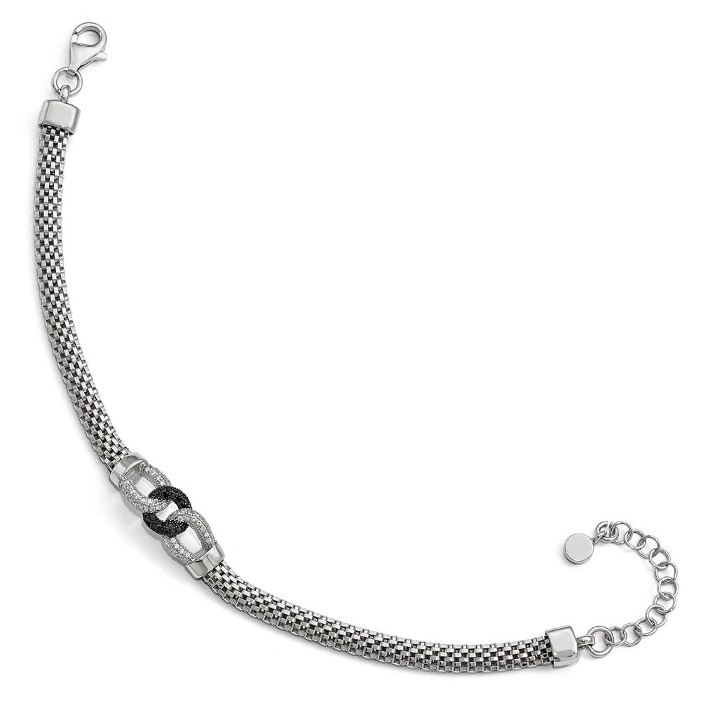 7.25 Inch Sterling Silver Black And White Cz With 1.5 Ext. Bracelet
