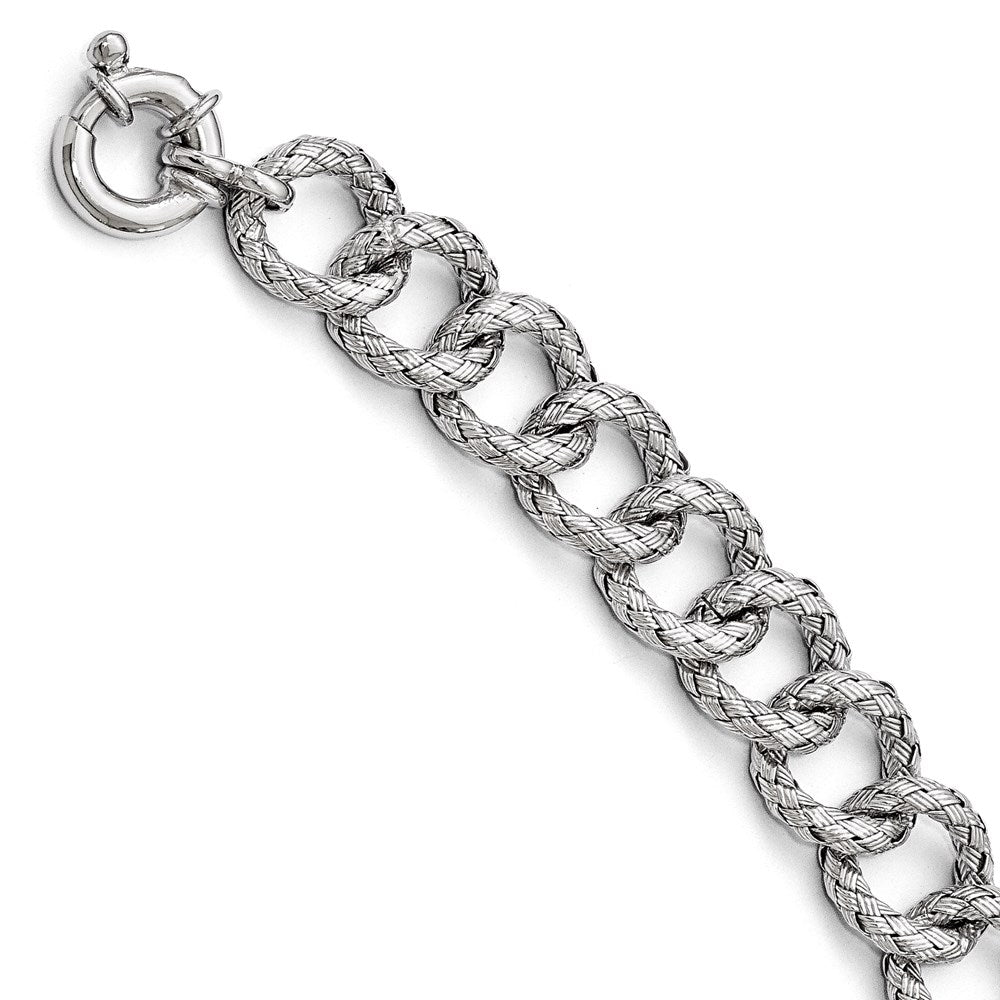 7.75 Inch Sterling Silver Polished Textured Bracelet- Fancy Spring Ring