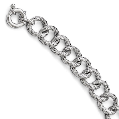 7.75 Inch Sterling Silver Polished Textured Bracelet- Fancy Spring Ring