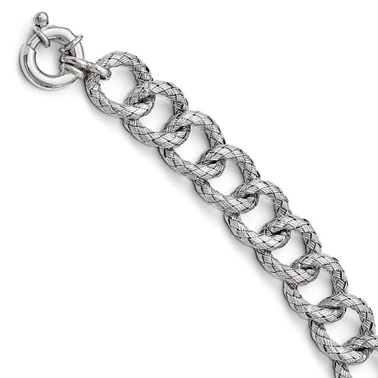 7.75 Inch Sterling Silver Polished Textured Bracelet- Fancy Spring Ring