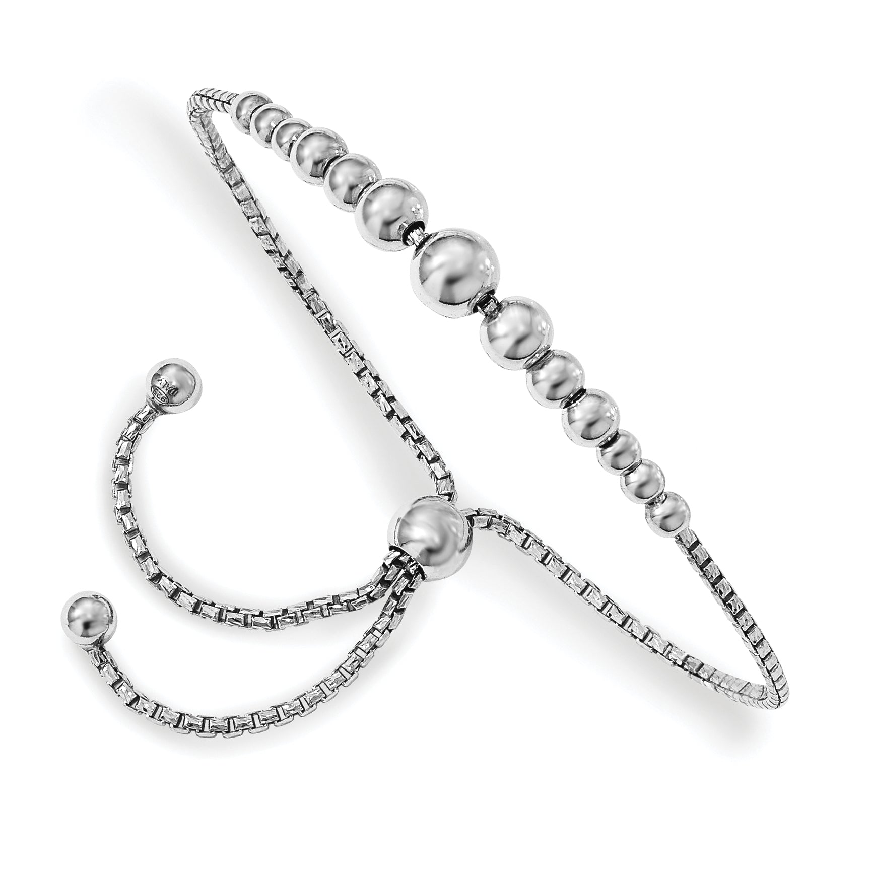 9 Inch Sterling Silver Rhodium-Plated Beaded Adjustable Bracelet