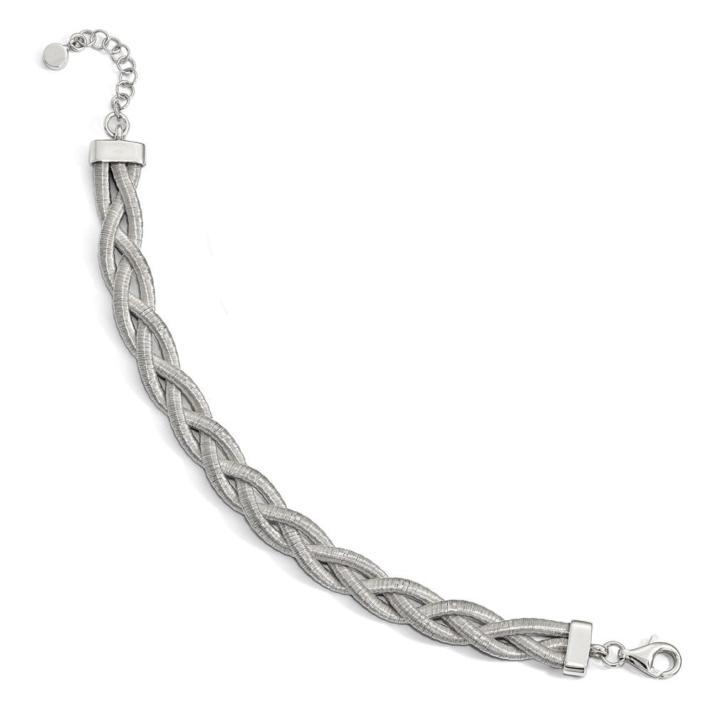 7 Inch Sterling Silver Rhodium-Plated Braided With 1In Ext. Bracelet