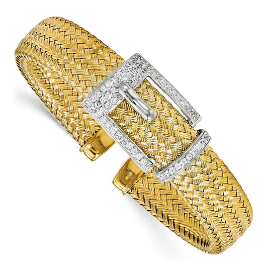 Ss/Gold Plated Sterling Silver Gold-Plated Cz Polished Woven Cuff Bangle