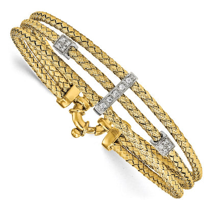 7.5 Inch Sterling Silver Gold-Plated Cz Polished Woven Bracelet