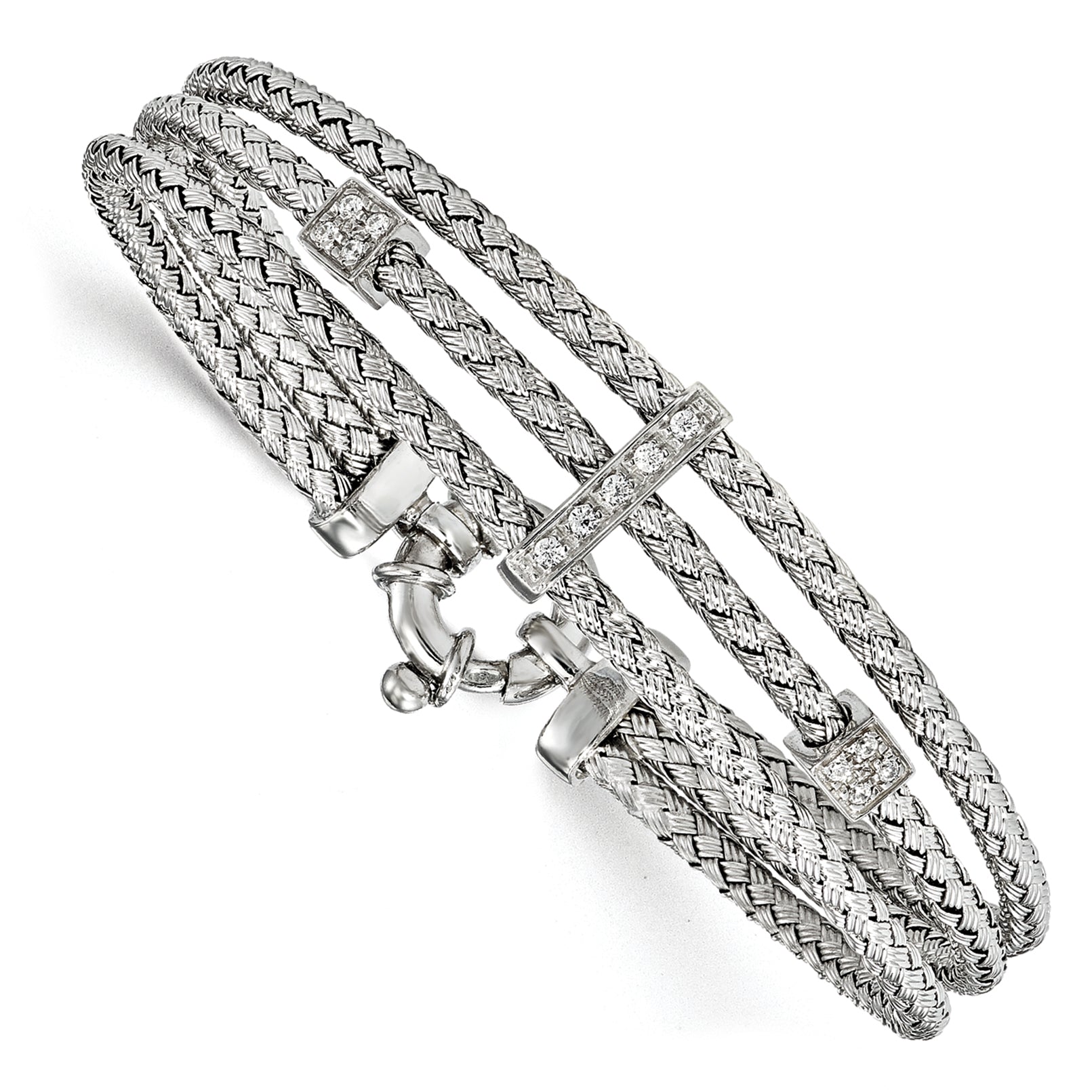 7.5 Inch Sterling Silver Cz Polished Woven Bracelet
