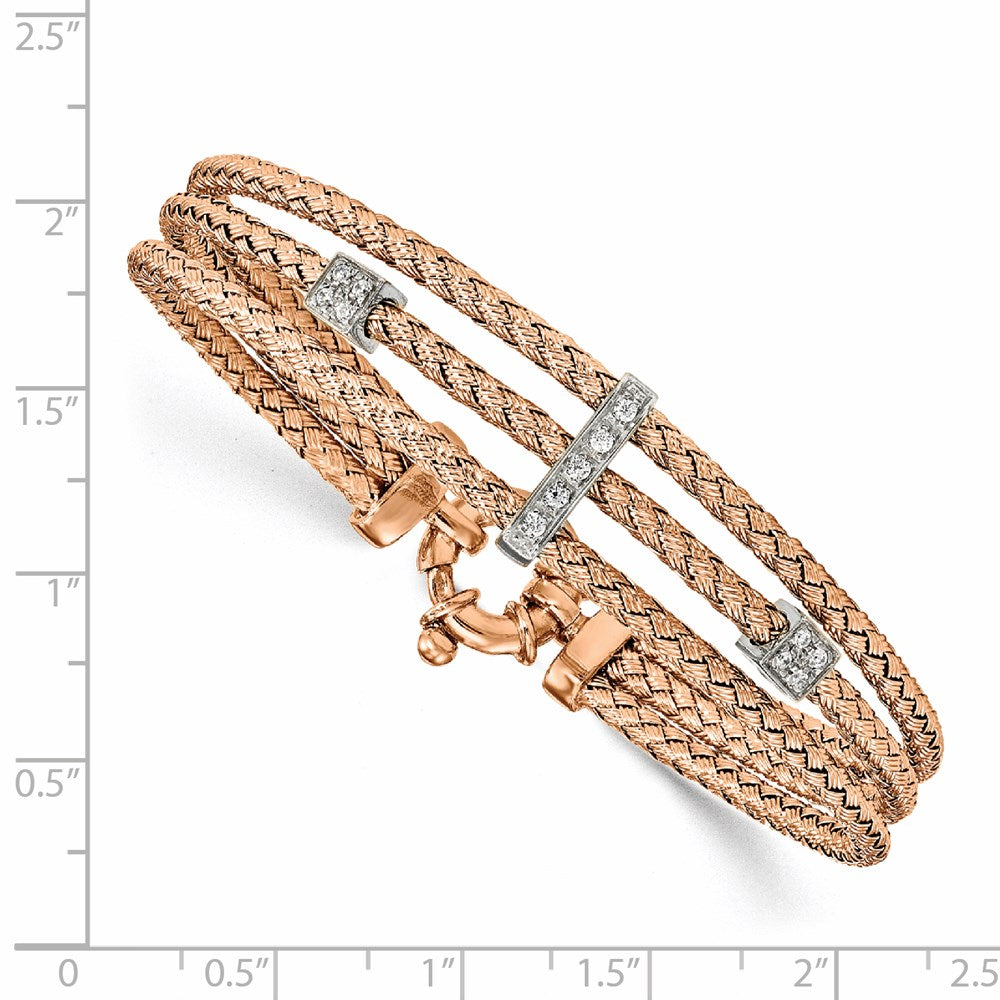 7.5 Inch Sterling Silver Rose Gold-Plated Cz Polished Woven Bracelet