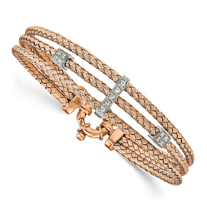 7.5 Inch Sterling Silver Rose Gold-Plated Cz Polished Woven Bracelet